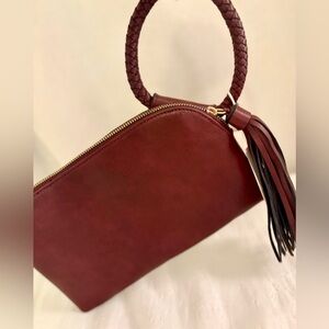 Vegan Leather Burgundy Wristlet Clutch with Braided Handle & Tassel NWT Gift